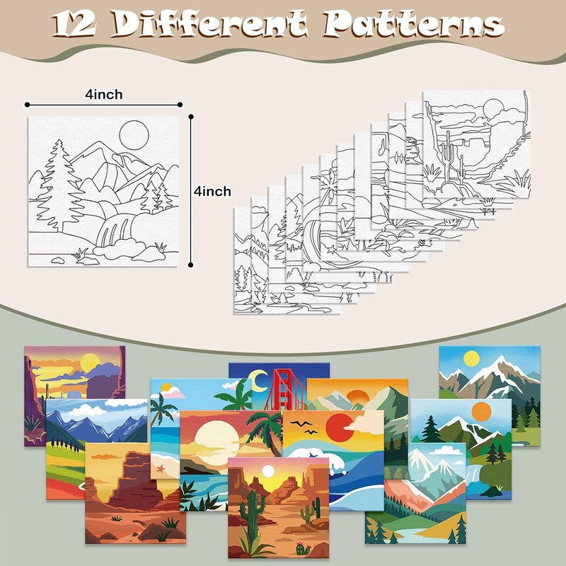 Anseal 12 Packs Pre Drawn Canvas to Paint, 4" X 4" Landscape Pre-Printed Canvas Paint Party for Adult, Stretched Outline Painting Boards for Beginners, Party Favor - Image 3